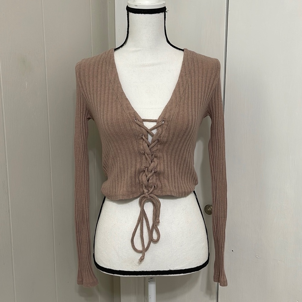 Forever 21 Tan Lace Up Sweater Knit Long Sleeve size S